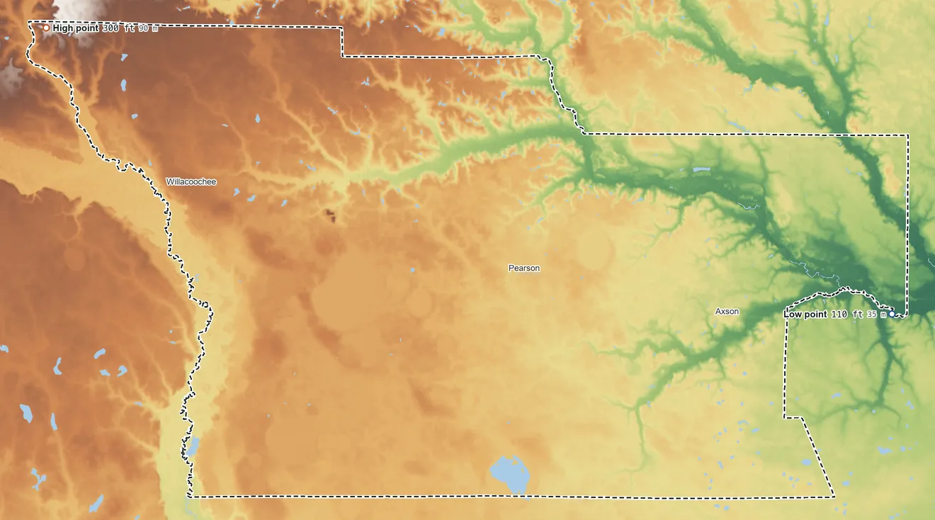 Topographic elevation map of Atkinson County, Georgia, shaded from 110 ft on the east side to 300 ft on the northwest side