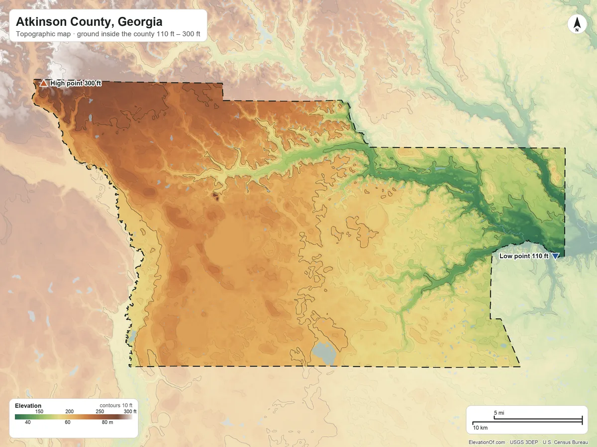 Topographic elevation map of Atkinson County, Georgia, shaded from 110 ft on the east side to 300 ft on the northwest side