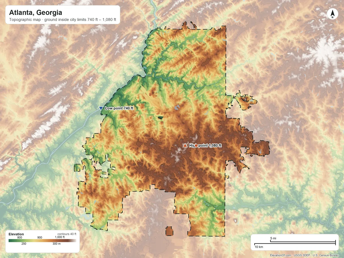Topographic elevation map of Atlanta, Georgia, shaded from 740 ft on the west side to 1,080 ft near the middle