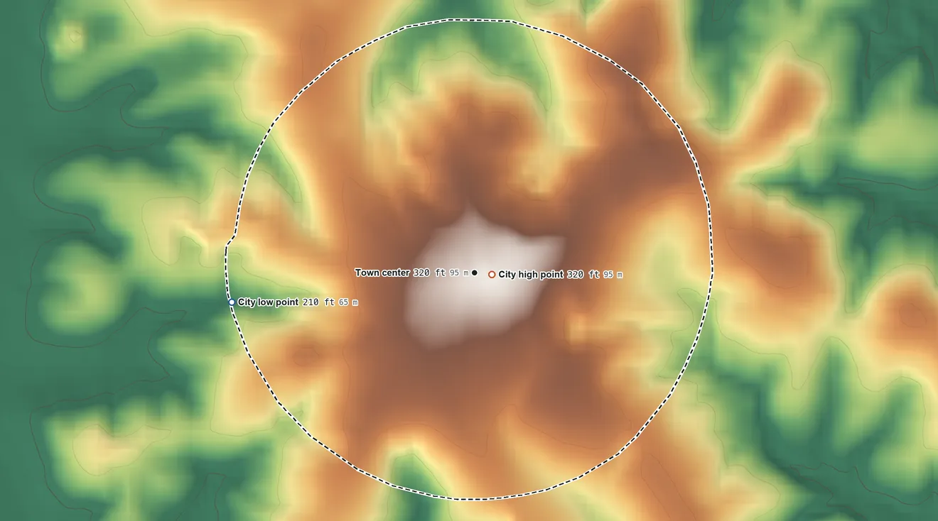 Topographic elevation map of Attapulgus, Georgia, shaded from 210 ft on the west side to 320 ft near the middle