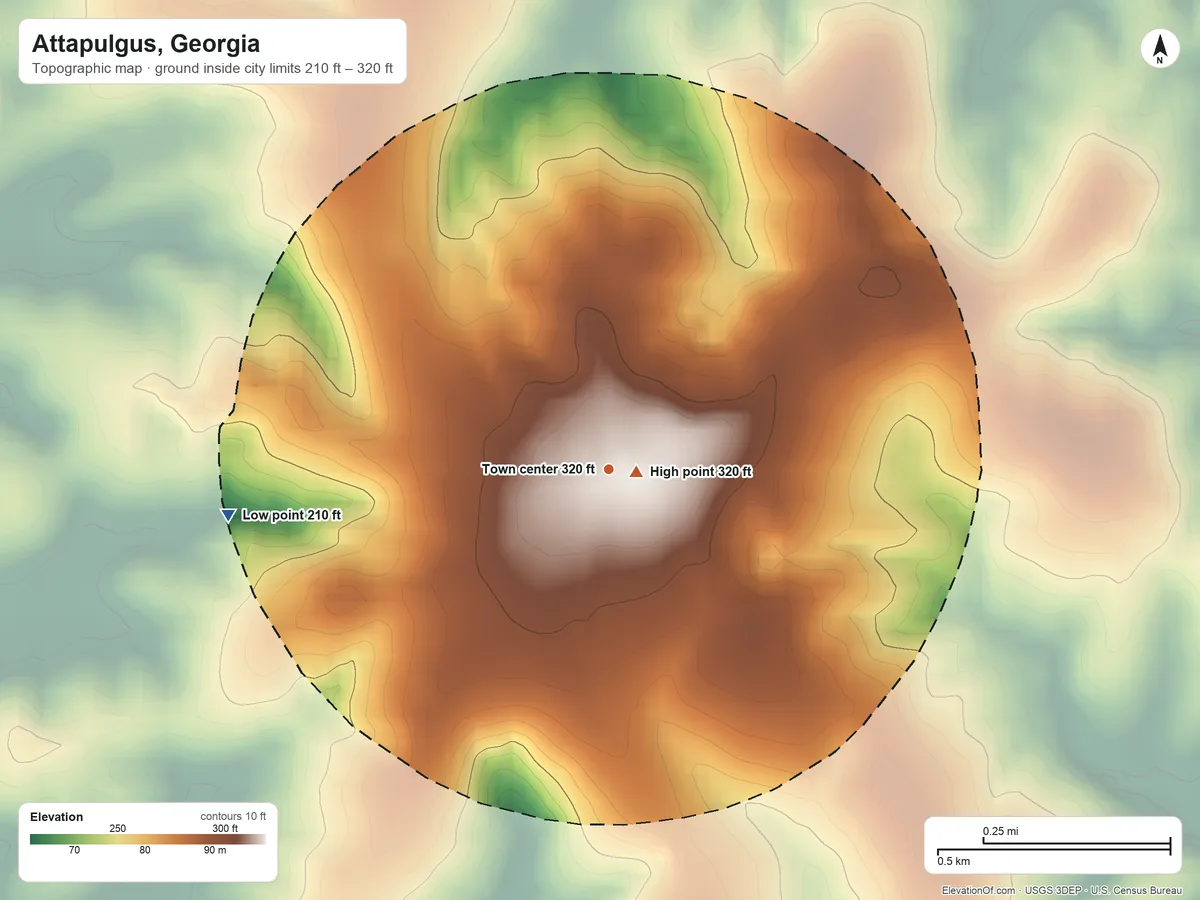 Topographic elevation map of Attapulgus, Georgia, shaded from 210 ft on the west side to 320 ft near the middle