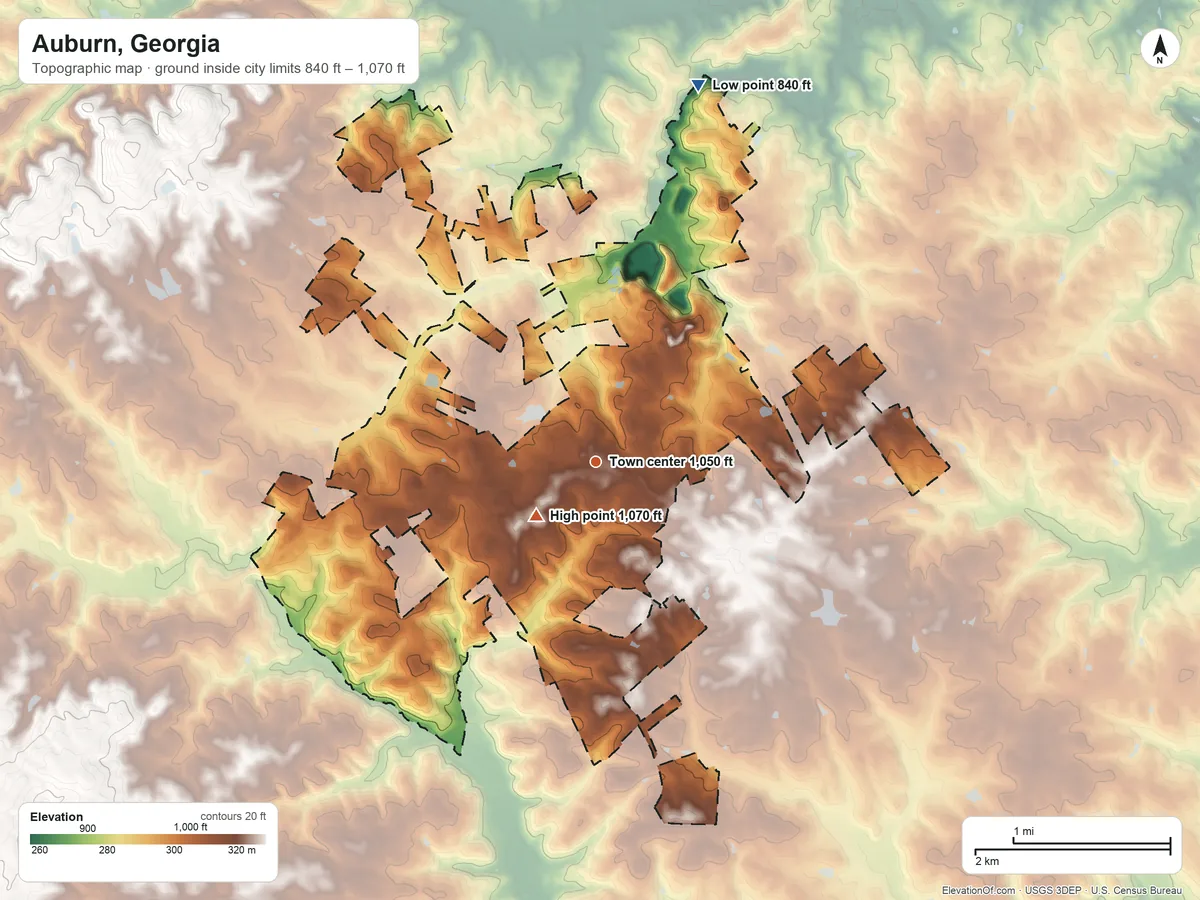 Topographic elevation map of Auburn, Georgia, shaded from 840 ft on the north side to 1,070 ft near the middle