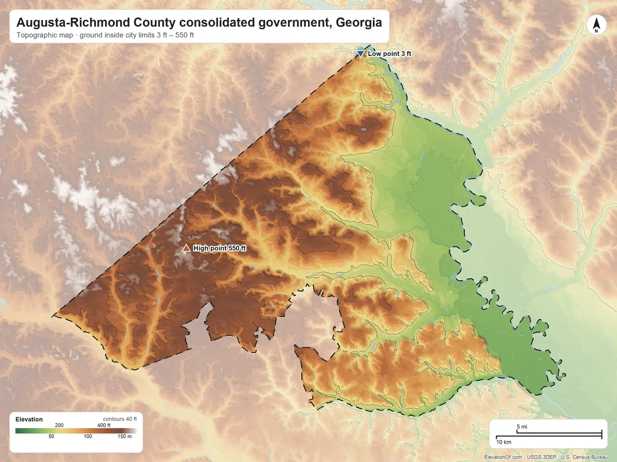 Topographic elevation map of Augusta-Richmond County consolidated government, Georgia, shaded from 3 ft on the north side to 550 ft on the southwest side