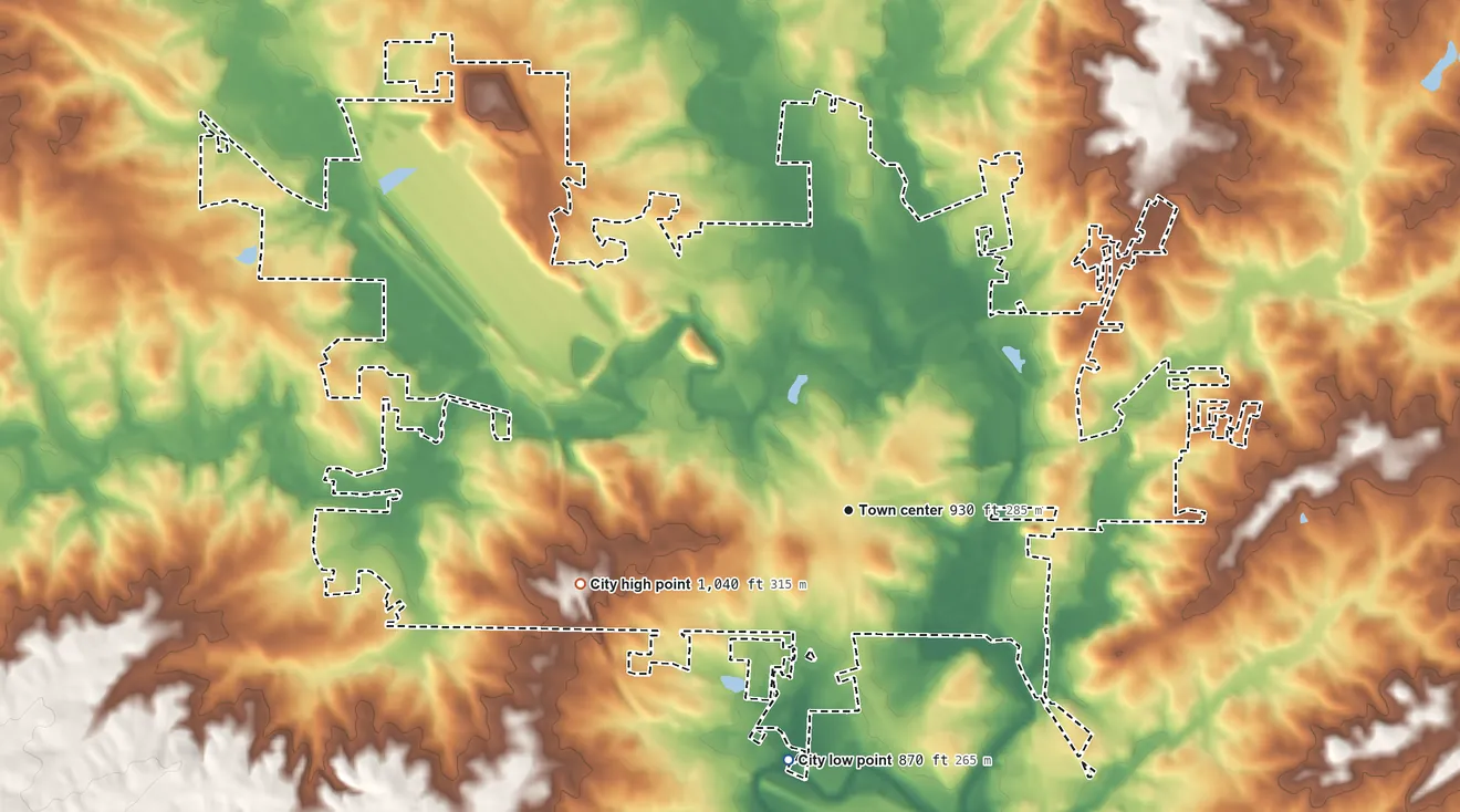 Topographic elevation map of Austell, Georgia, shaded from 870 ft on the south side to 1,040 ft on the west side