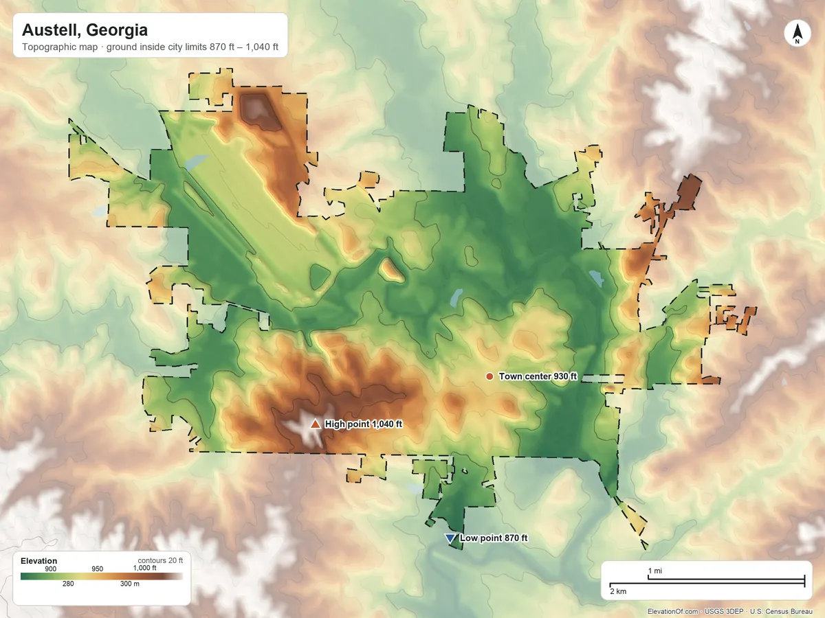 Topographic elevation map of Austell, Georgia, shaded from 870 ft on the south side to 1,040 ft on the west side