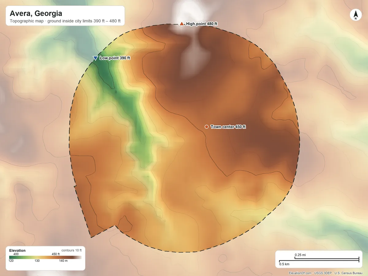 Topographic elevation map of Avera, Georgia, shaded from 390 ft on the northwest side to 480 ft on the north side