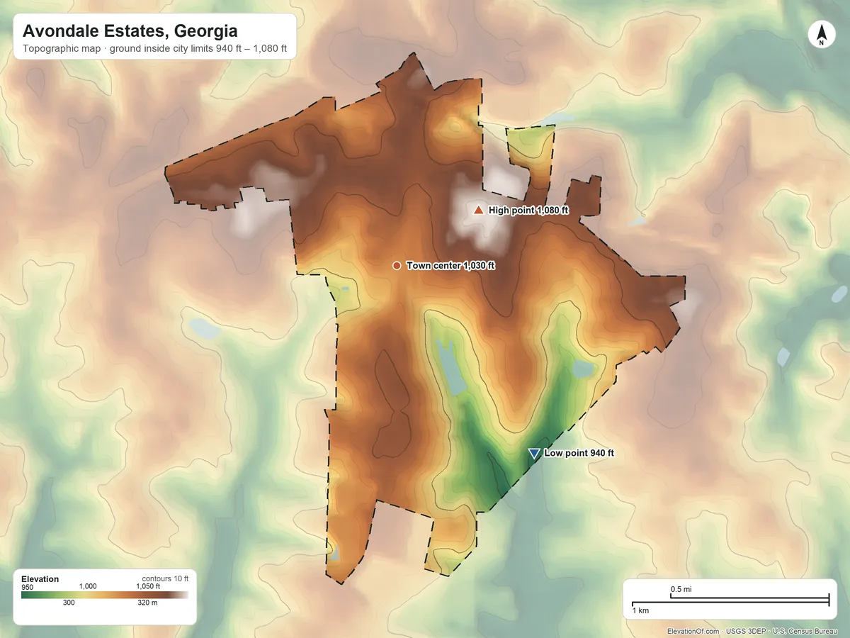 Topographic elevation map of Avondale Estates, Georgia, shaded from 940 ft on the southeast side to 1,080 ft on the northeast side