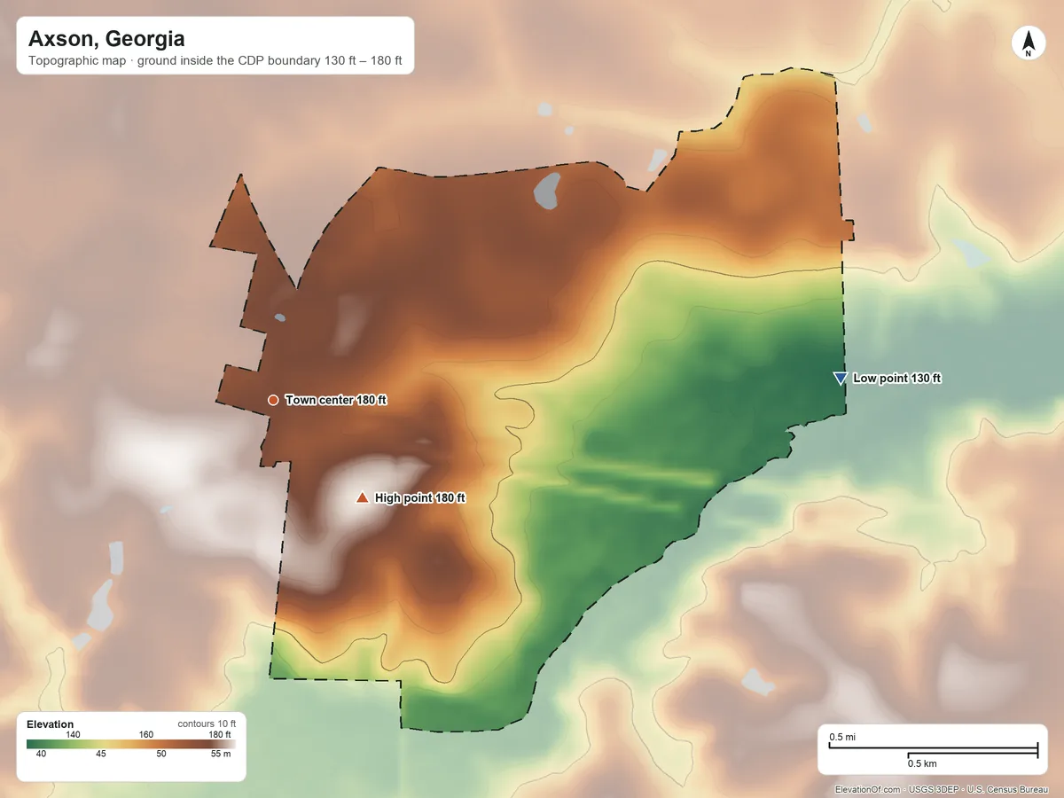 Topographic elevation map of Axson, Georgia, shaded from 130 ft on the east side to 180 ft on the southeast side