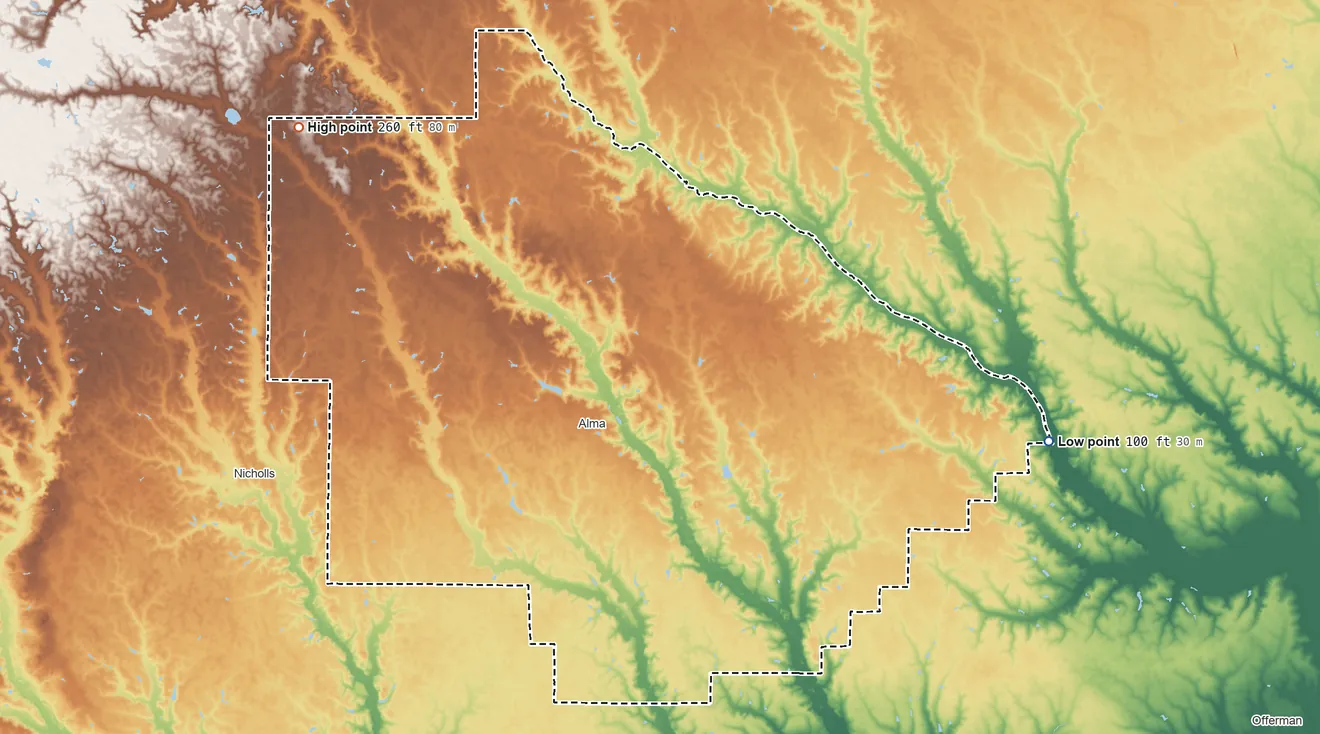 Topographic elevation map of Bacon County, Georgia, shaded from 100 ft on the east side to 260 ft on the northwest side