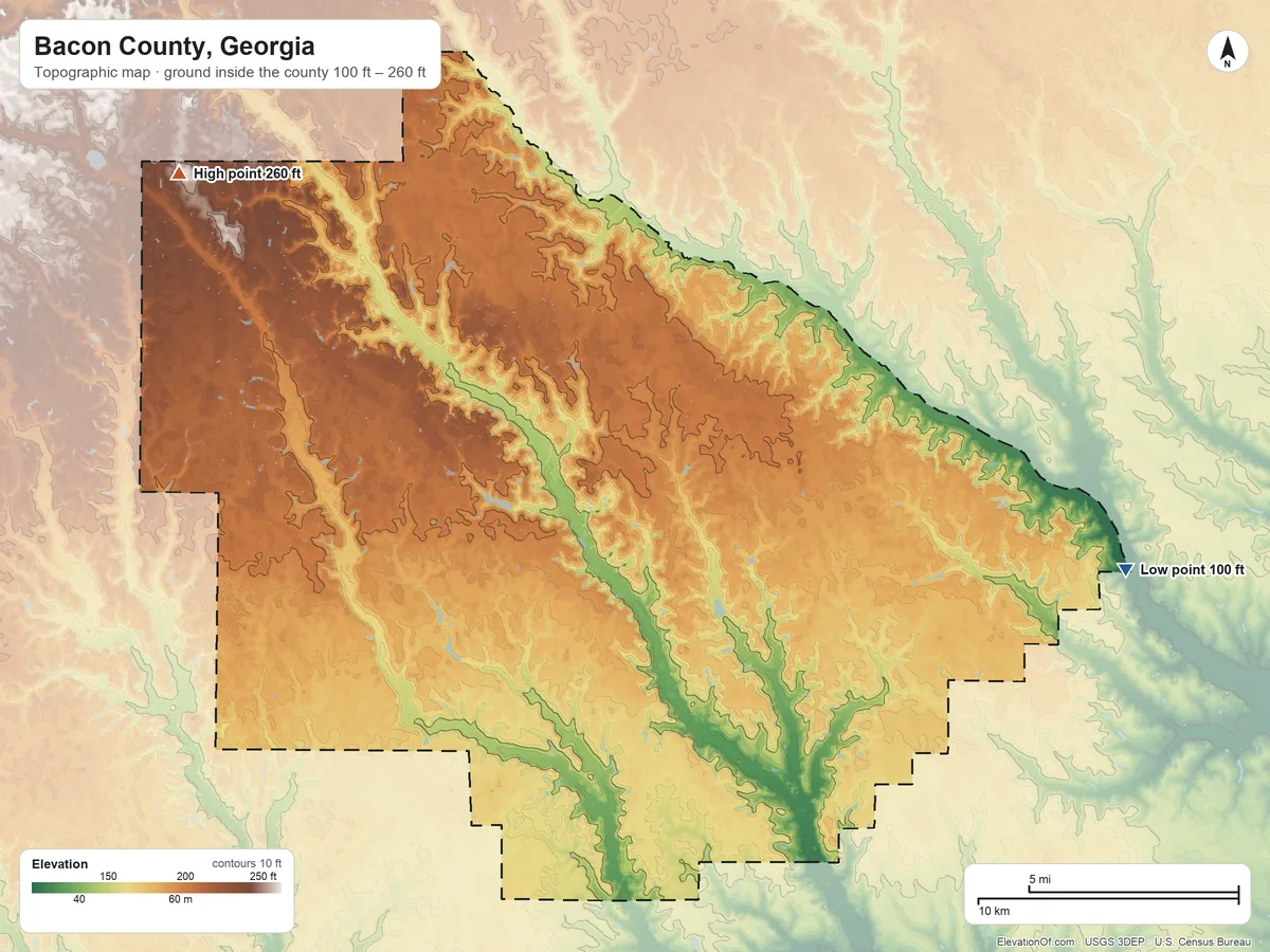 Topographic elevation map of Bacon County, Georgia, shaded from 100 ft on the east side to 260 ft on the northwest side