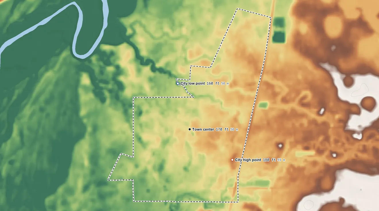 Topographic elevation map of Baconton, Georgia, shaded from 160 ft on the north side to 180 ft on the southeast side