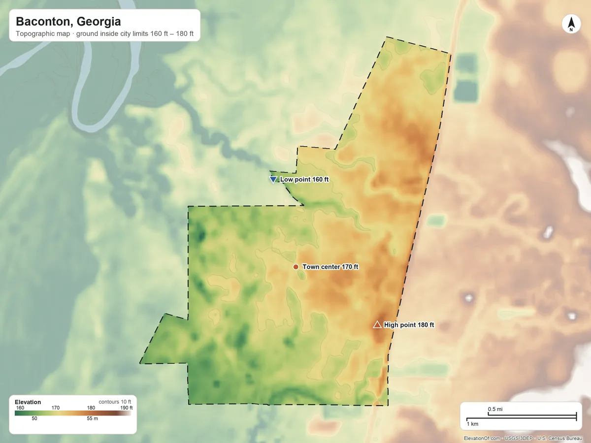 Topographic elevation map of Baconton, Georgia, shaded from 160 ft on the north side to 180 ft on the southeast side