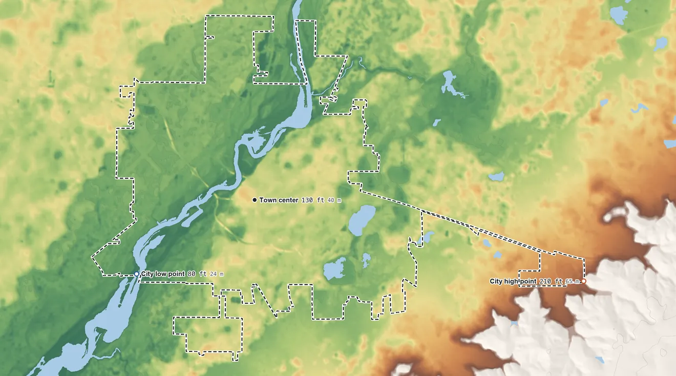 Topographic elevation map of Bainbridge, Georgia, shaded from 80 ft on the southwest side to 210 ft on the east side