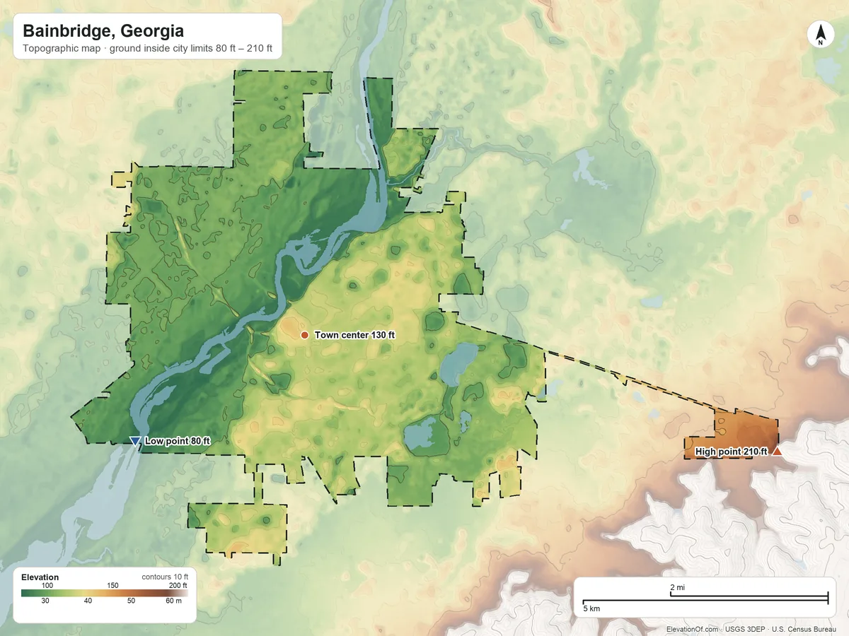 Topographic elevation map of Bainbridge, Georgia, shaded from 80 ft on the southwest side to 210 ft on the east side