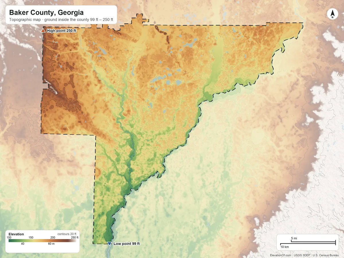 Topographic elevation map of Baker County, Georgia, shaded from 99 ft on the southwest side to 250 ft on the northwest side