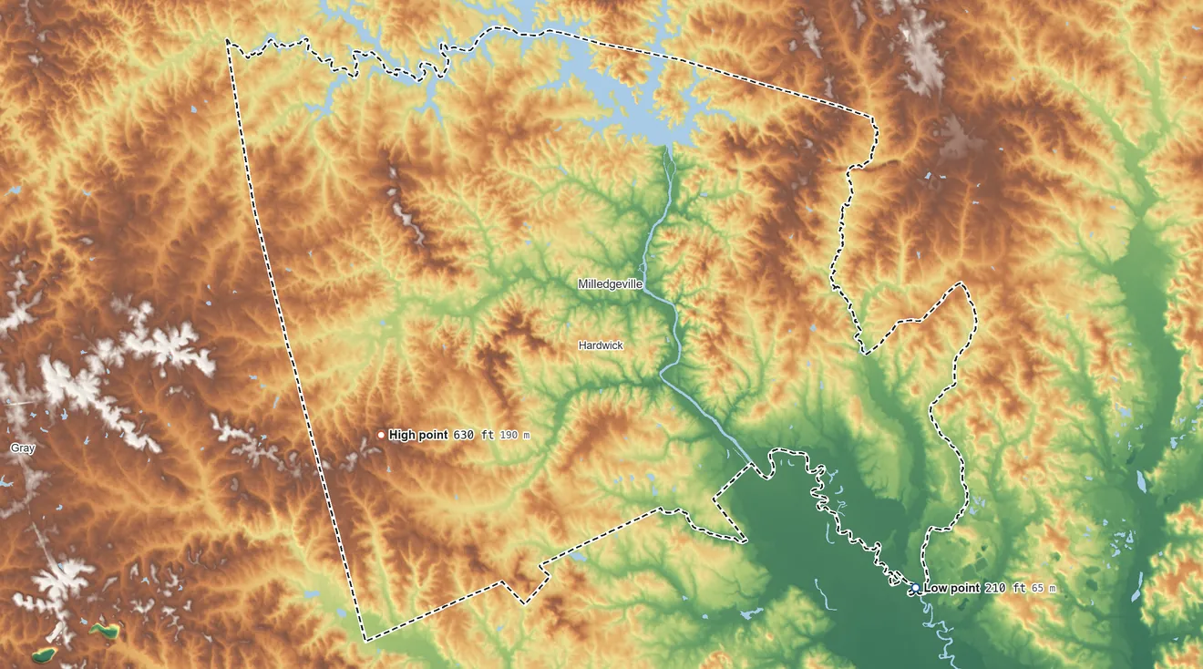 Topographic elevation map of Baldwin County, Georgia, shaded from 210 ft on the southeast side to 630 ft on the southwest side