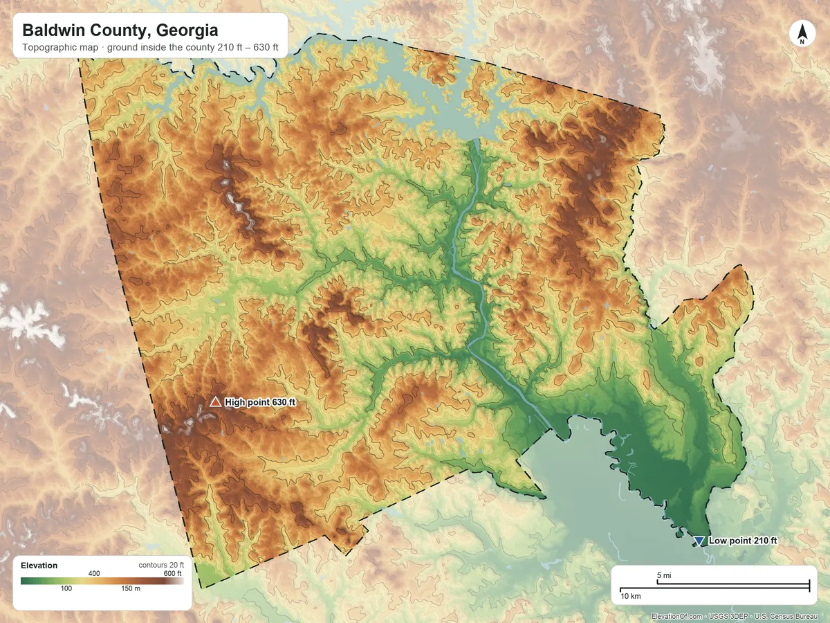 Topographic elevation map of Baldwin County, Georgia, shaded from 210 ft on the southeast side to 630 ft on the southwest side