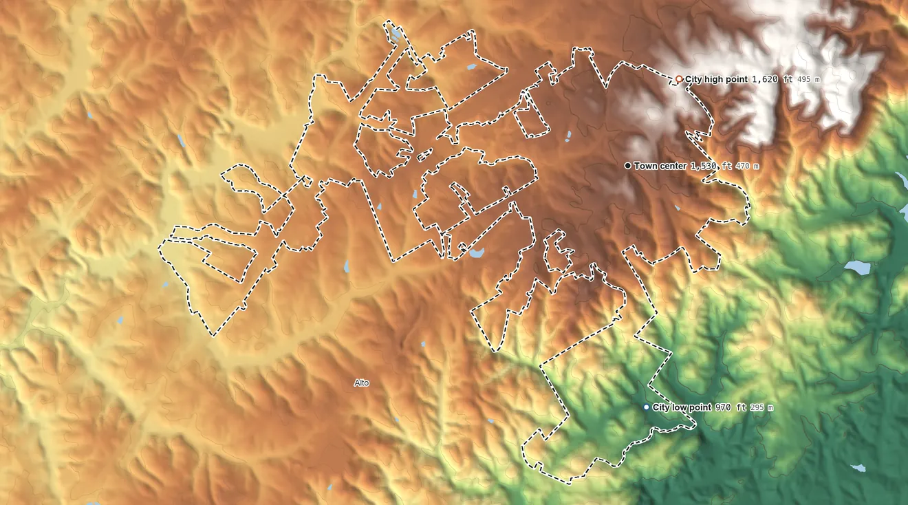 Topographic elevation map of Baldwin, Georgia, shaded from 970 ft on the south side to 1,620 ft on the northeast side