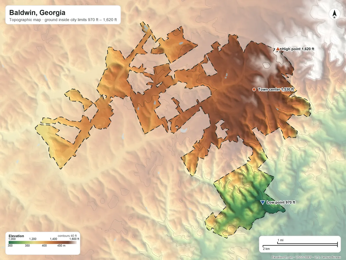 Topographic elevation map of Baldwin, Georgia, shaded from 970 ft on the south side to 1,620 ft on the northeast side