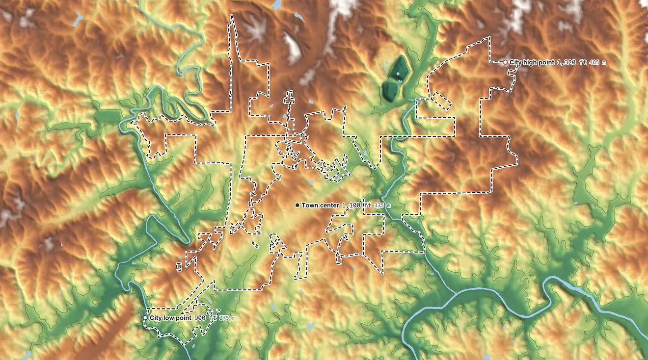 Topographic elevation map of Ball Ground, Georgia, shaded from 900 ft on the southwest side to 1,320 ft on the northeast side