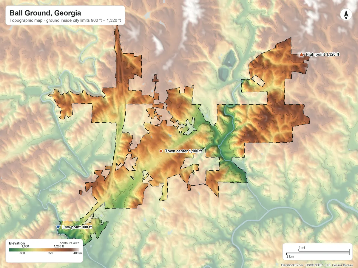 Topographic elevation map of Ball Ground, Georgia, shaded from 900 ft on the southwest side to 1,320 ft on the northeast side