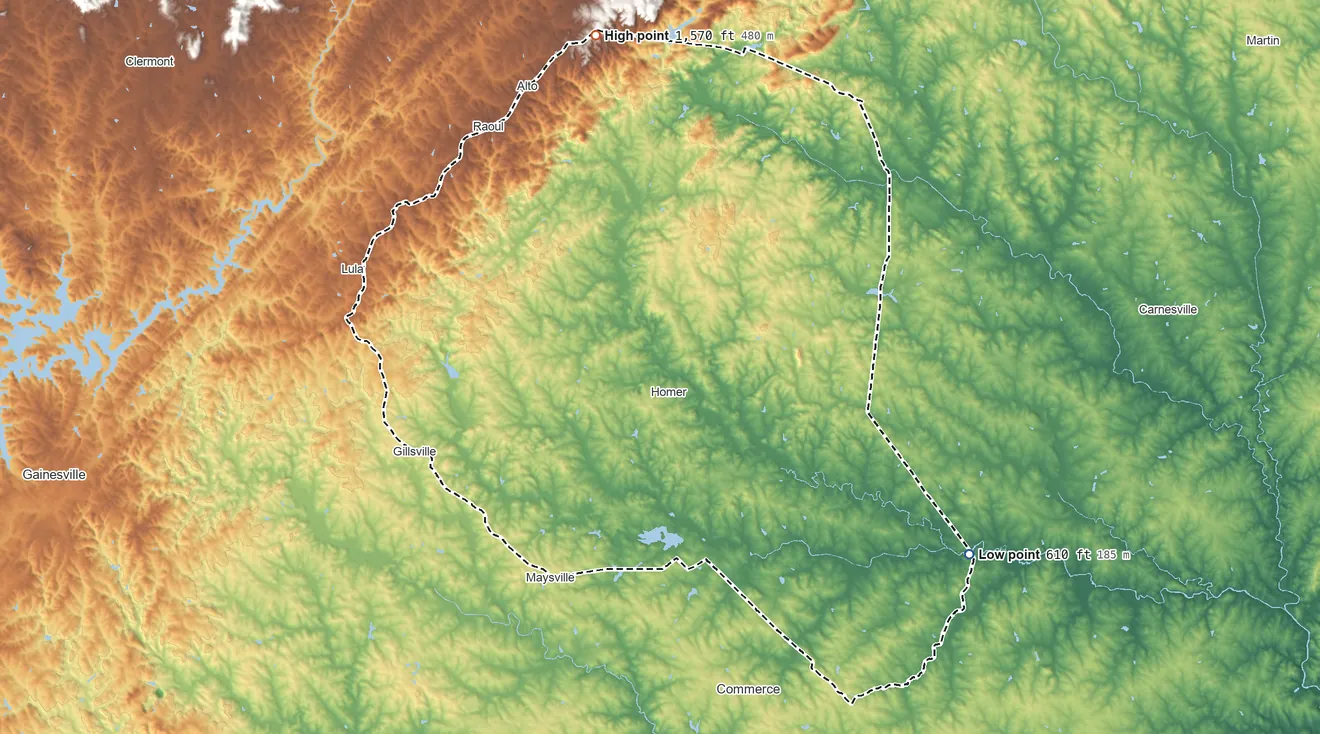 Topographic elevation map of Banks County, Georgia, shaded from 610 ft on the southeast side to 1,570 ft on the north side