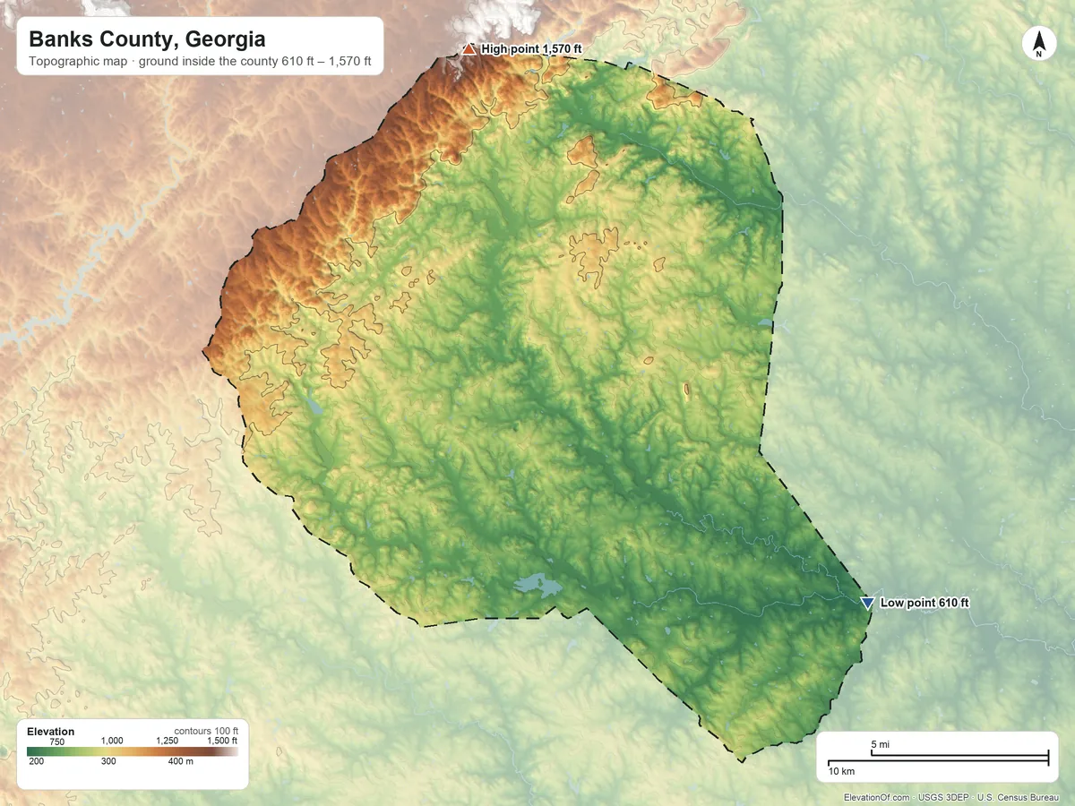 Topographic elevation map of Banks County, Georgia, shaded from 610 ft on the southeast side to 1,570 ft on the north side