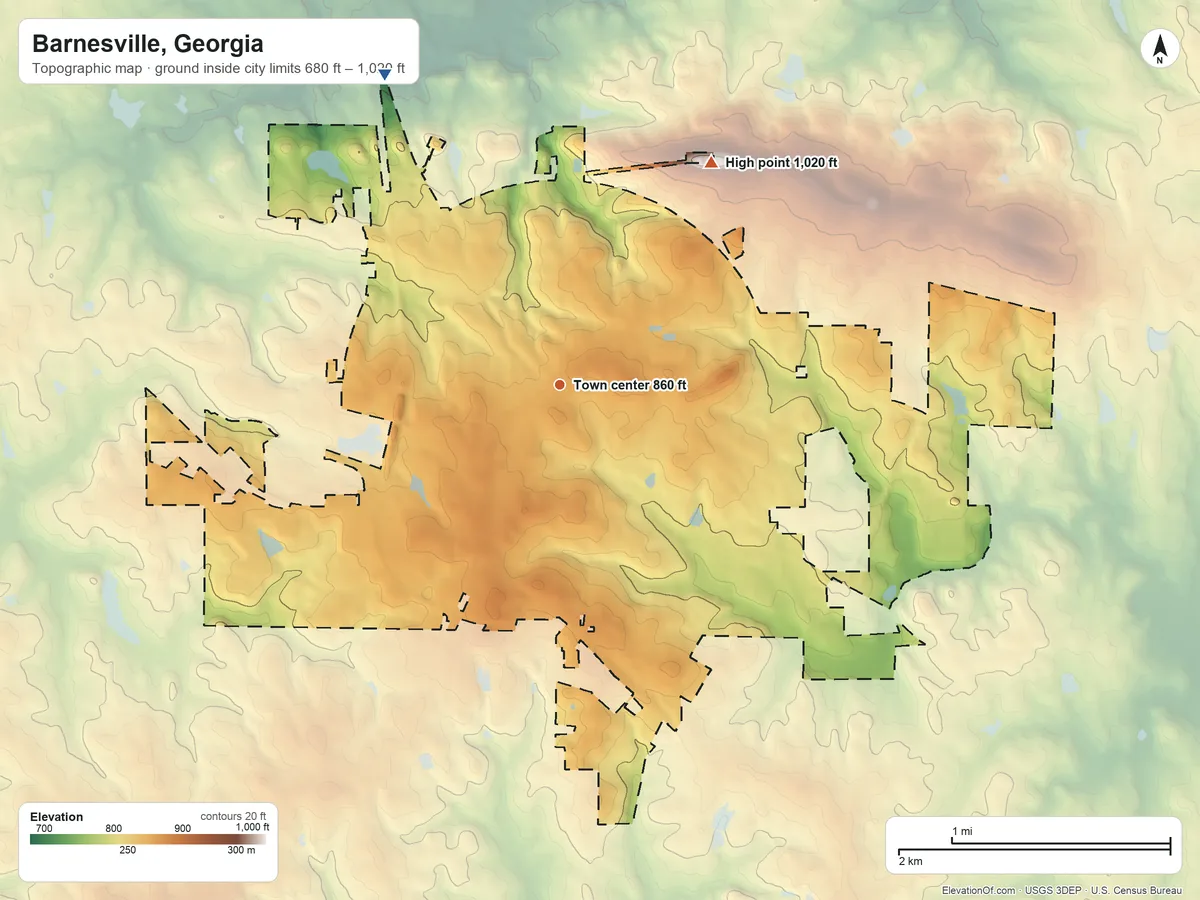 Topographic elevation map of Barnesville, Georgia, shaded from 680 ft on the northwest side to 1,020 ft on Hog Mountain