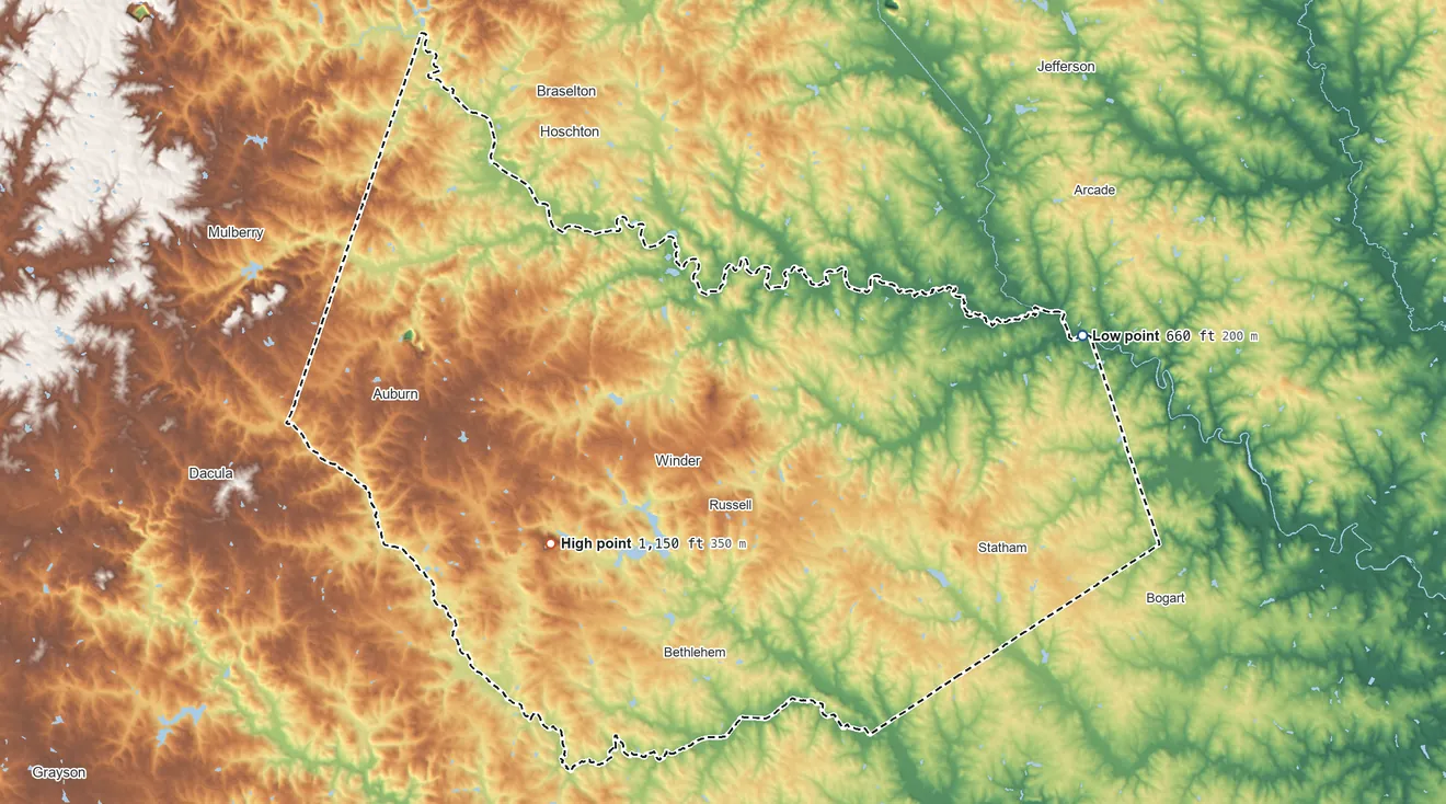 Topographic elevation map of Barrow County, Georgia, shaded from 660 ft on the east side to 1,150 ft on the southwest side