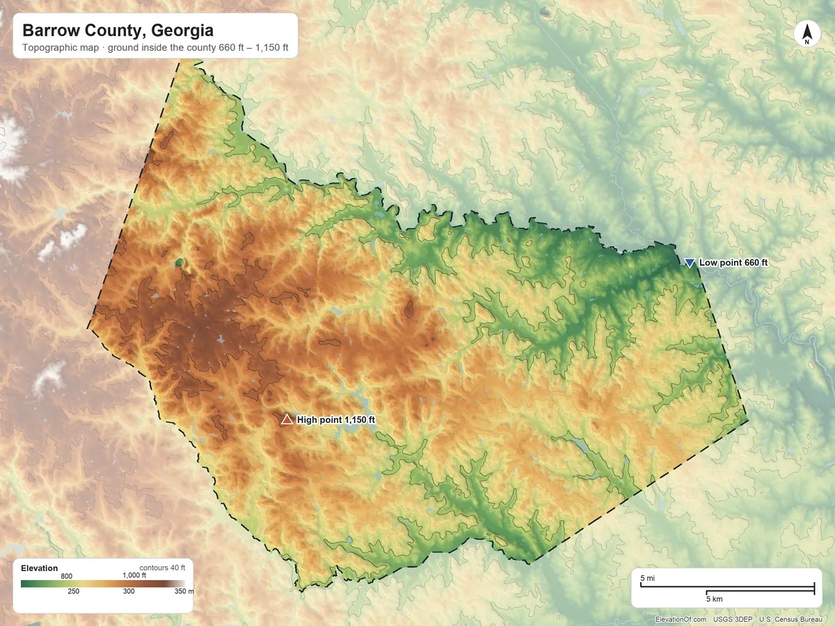 Topographic elevation map of Barrow County, Georgia, shaded from 660 ft on the east side to 1,150 ft on the southwest side