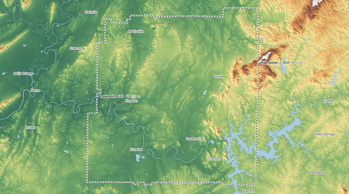 Topographic elevation map of Bartow County, Georgia, shaded from 600 ft on the west side to 2,060 ft on the east side