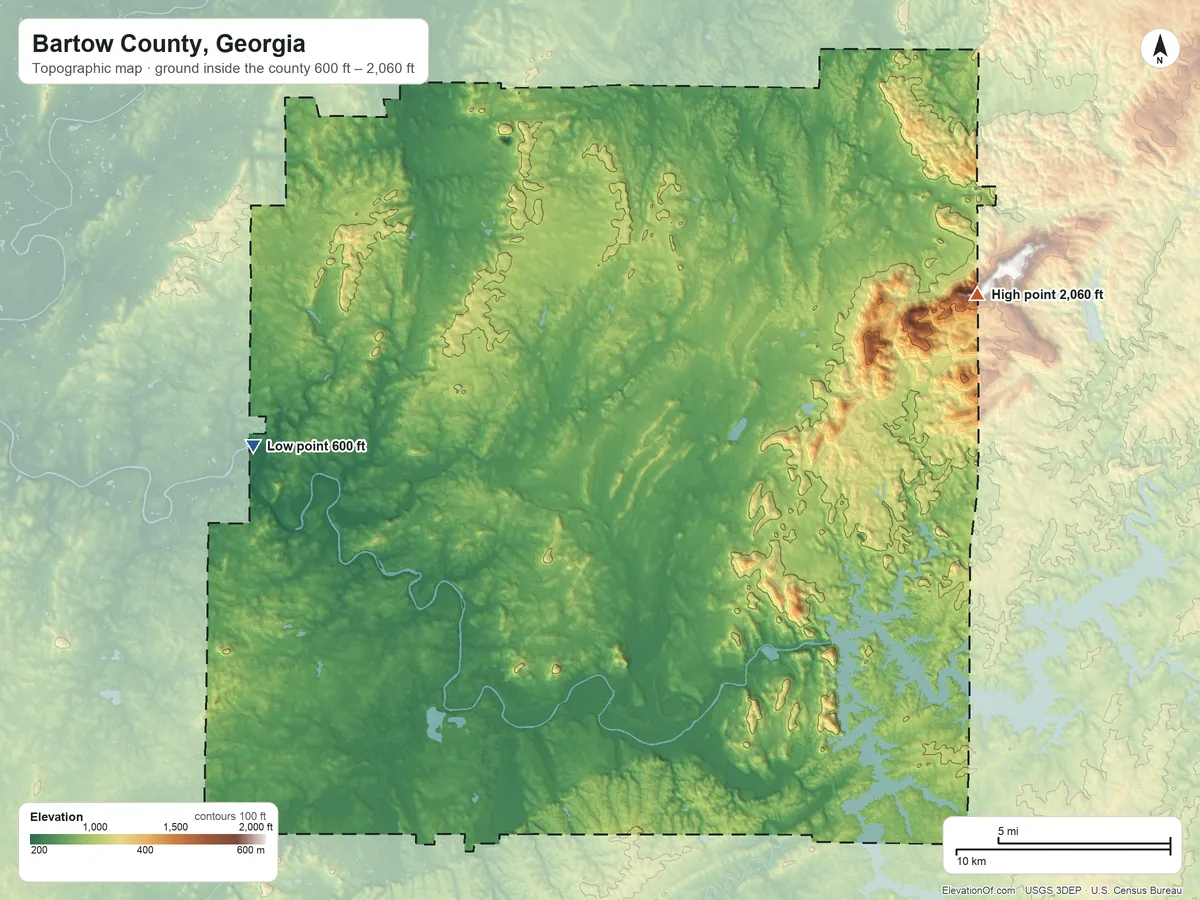 Topographic elevation map of Bartow County, Georgia, shaded from 600 ft on the west side to 2,060 ft on the east side