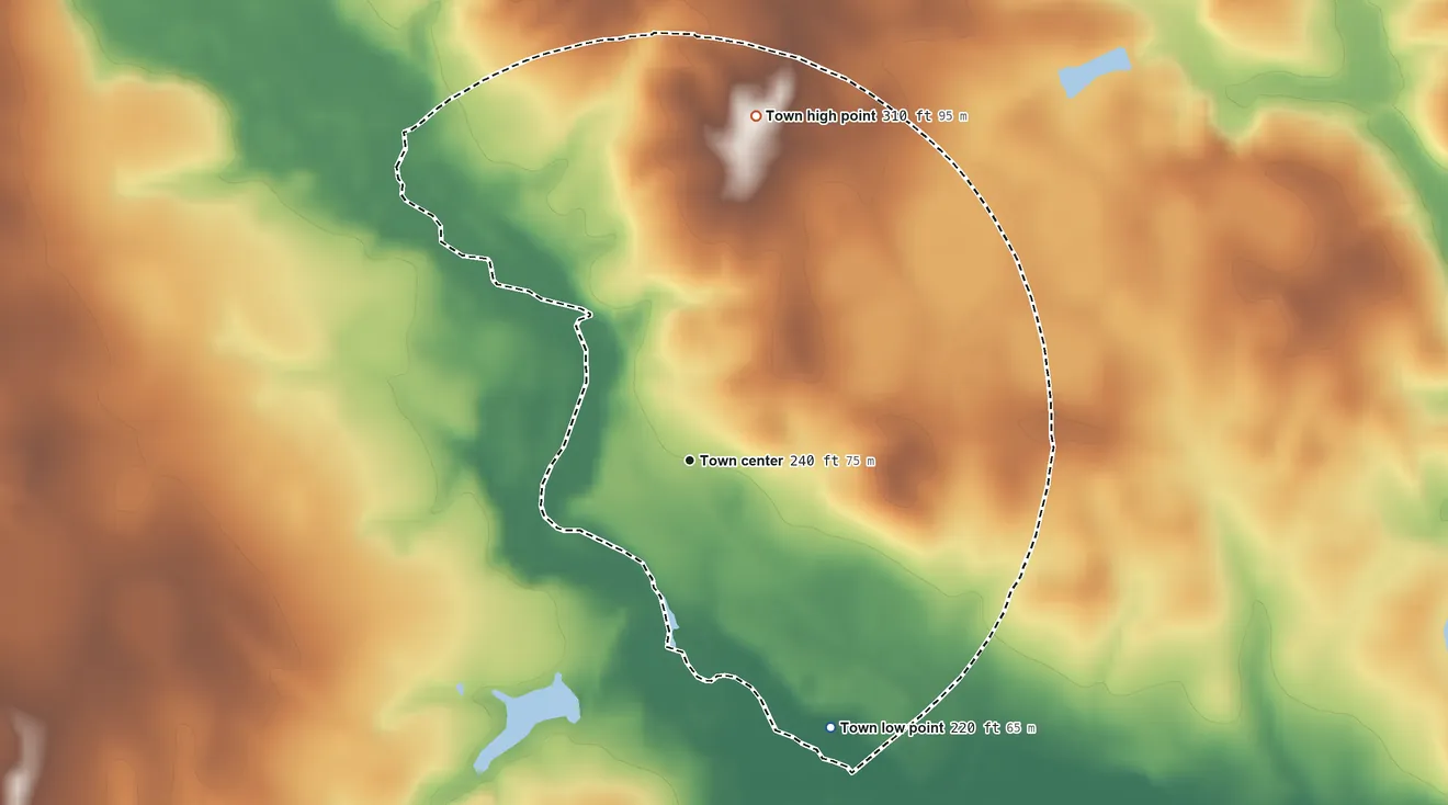 Topographic elevation map of Bartow, Georgia, shaded from 220 ft on the southeast side to 310 ft on the north side