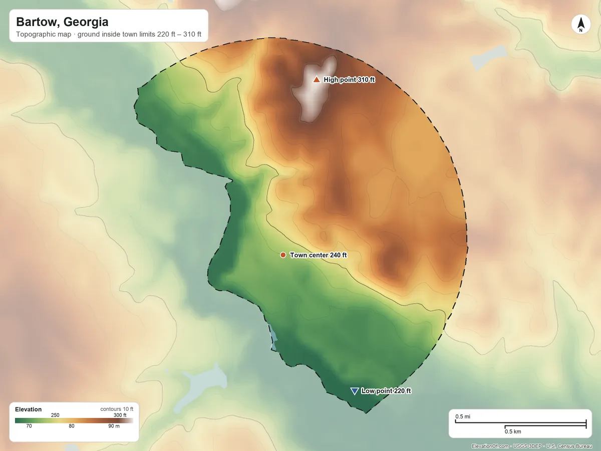 Topographic elevation map of Bartow, Georgia, shaded from 220 ft on the southeast side to 310 ft on the north side