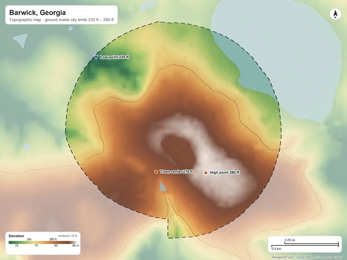 Topographic elevation map of Barwick, Georgia, shaded from 220 ft on the northwest side to 280 ft on the east side