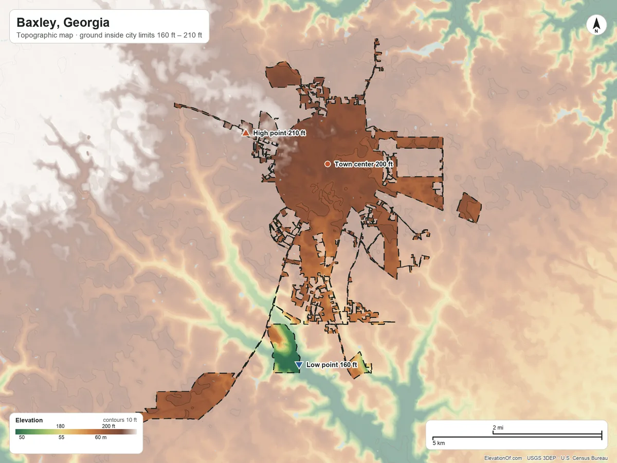 Topographic elevation map of Baxley, Georgia, shaded from 160 ft on the south side to 210 ft on the west side