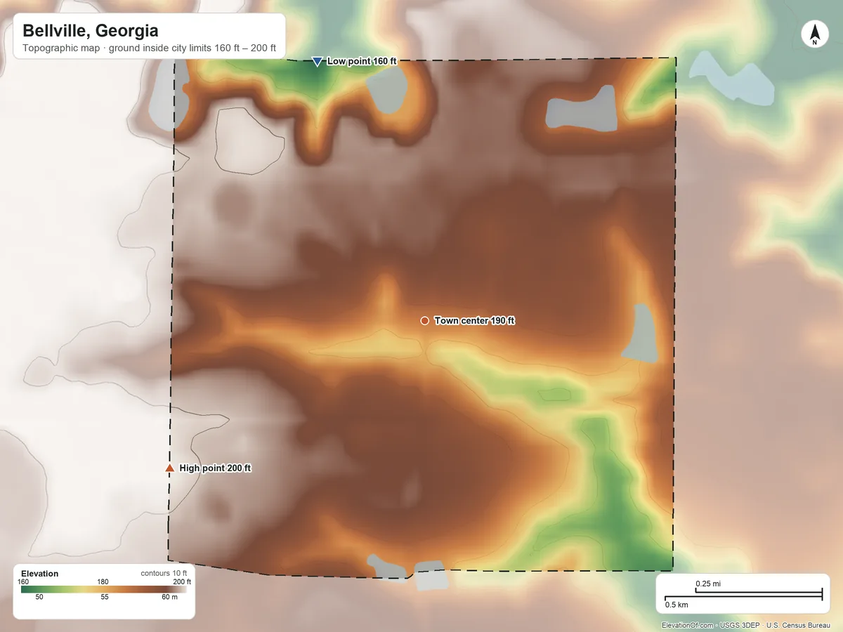 Topographic elevation map of Bellville, Georgia, shaded from 160 ft on the north side to 200 ft on the southwest side