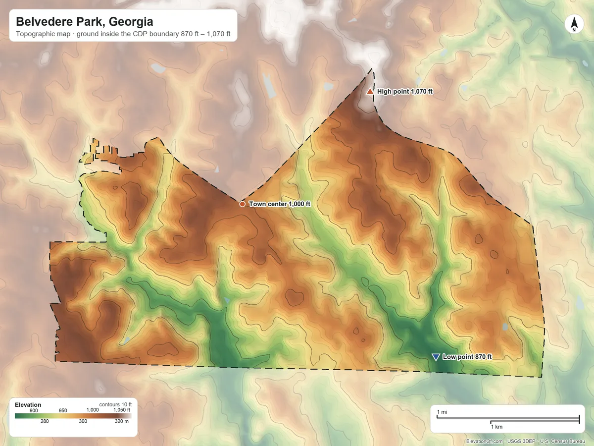 Topographic elevation map of Belvedere Park, Georgia, shaded from 870 ft on the southeast side to 1,070 ft on the northeast side