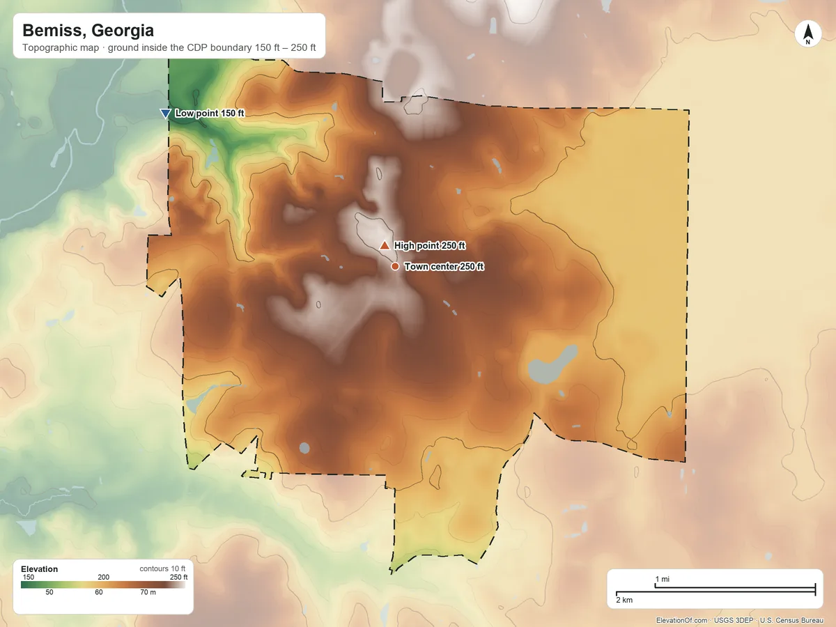 Topographic elevation map of Bemiss, Georgia, shaded from 150 ft on the northwest side to 250 ft near the middle