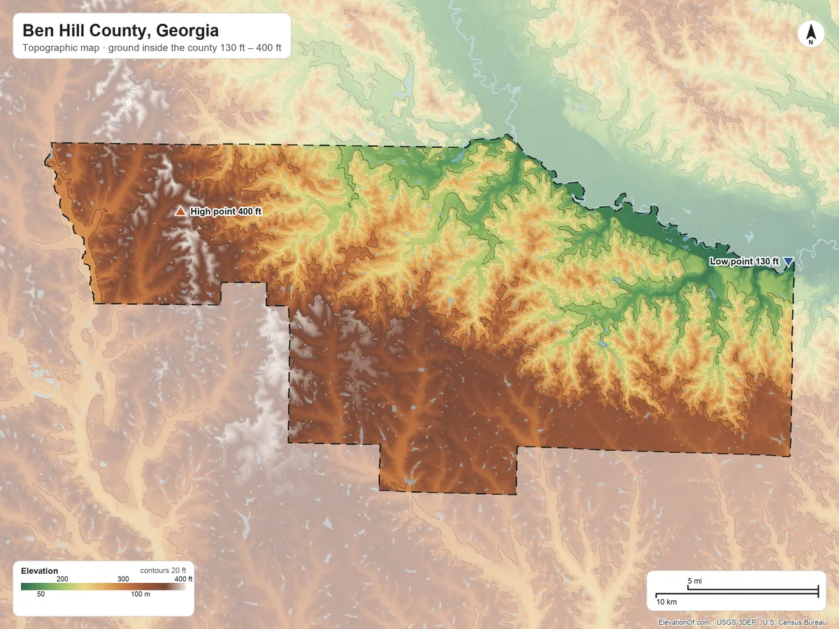 Topographic elevation map of Ben Hill County, Georgia, shaded from 130 ft on the east side to 400 ft on the northwest side