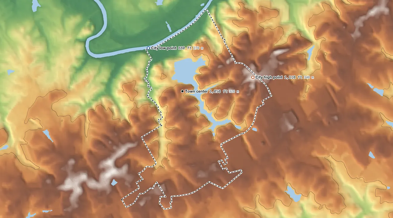 Topographic elevation map of Berkeley Lake, Georgia, shaded from 880 ft on the northwest side to 1,110 ft on the east side