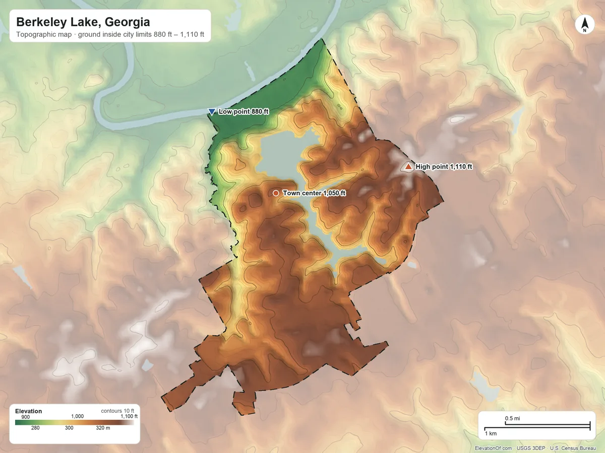Topographic elevation map of Berkeley Lake, Georgia, shaded from 880 ft on the northwest side to 1,110 ft on the east side