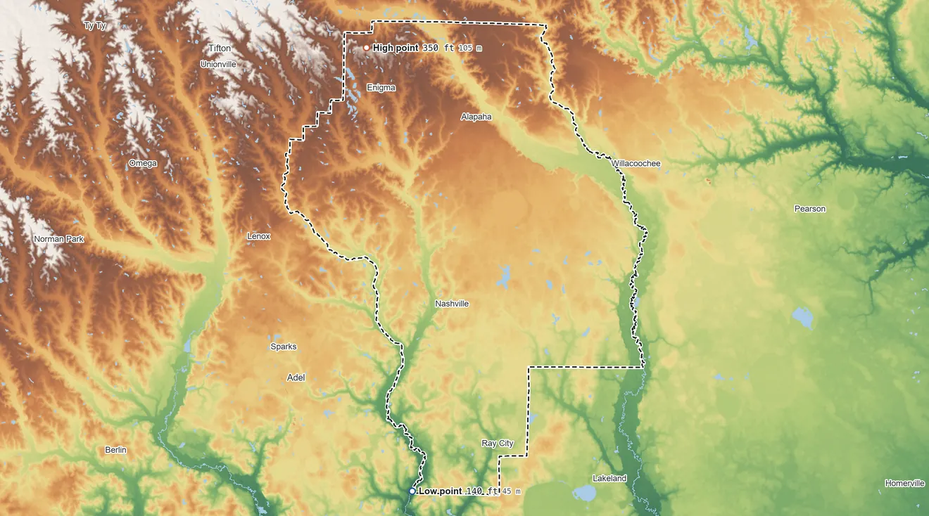 Topographic elevation map of Berrien County, Georgia, shaded from 140 ft on the south side to 350 ft on the northwest side
