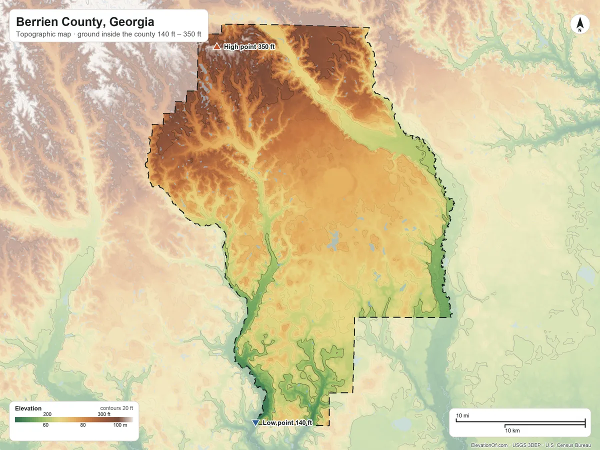Topographic elevation map of Berrien County, Georgia, shaded from 140 ft on the south side to 350 ft on the northwest side