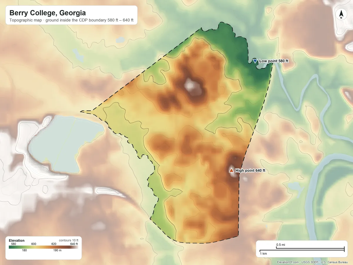 Topographic elevation map of Berry College, Georgia, shaded from 580 ft on the northeast side to 640 ft on the east side