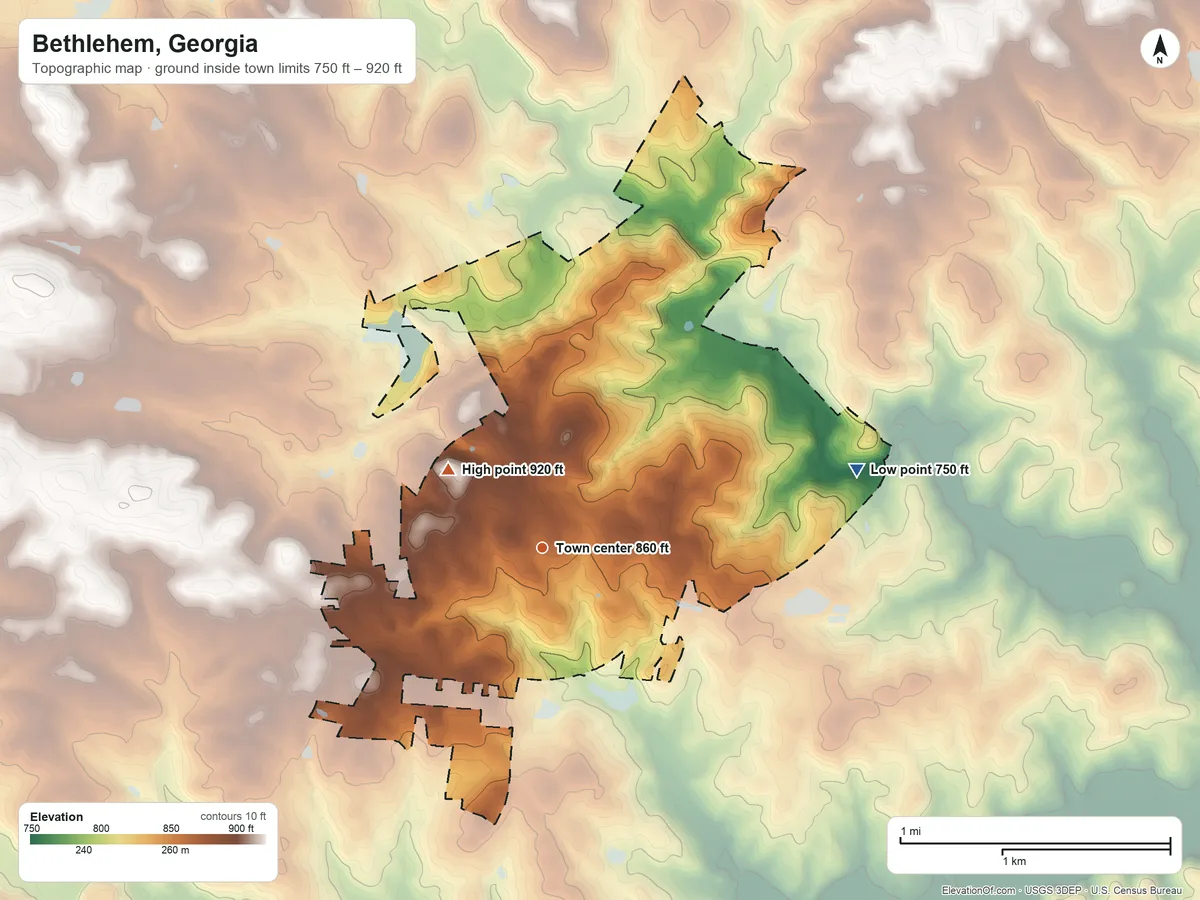 Topographic elevation map of Bethlehem, Georgia, shaded from 750 ft on the east side to 920 ft on the northwest side