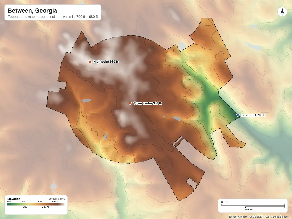 Topographic elevation map of Between, Georgia, shaded from 790 ft on the east side to 980 ft on the northwest side