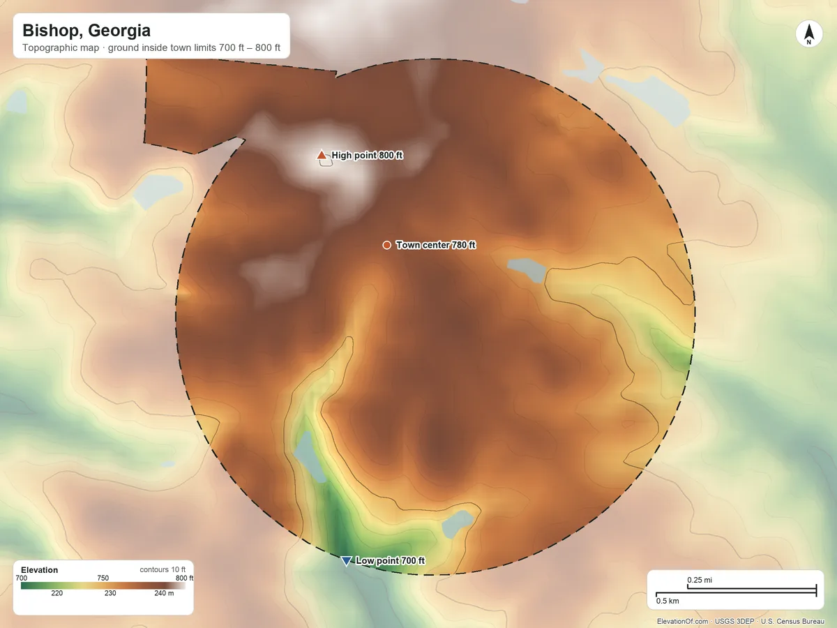 Topographic elevation map of Bishop, Georgia, shaded from 700 ft on the south side to 800 ft on the northwest side