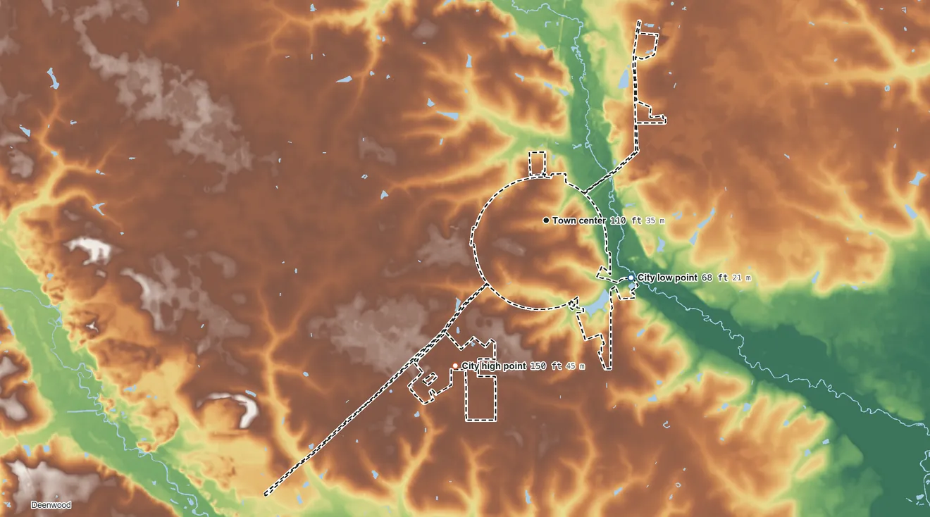 Topographic elevation map of Blackshear, Georgia, shaded from 68 ft on the southeast side to 150 ft on the southwest side