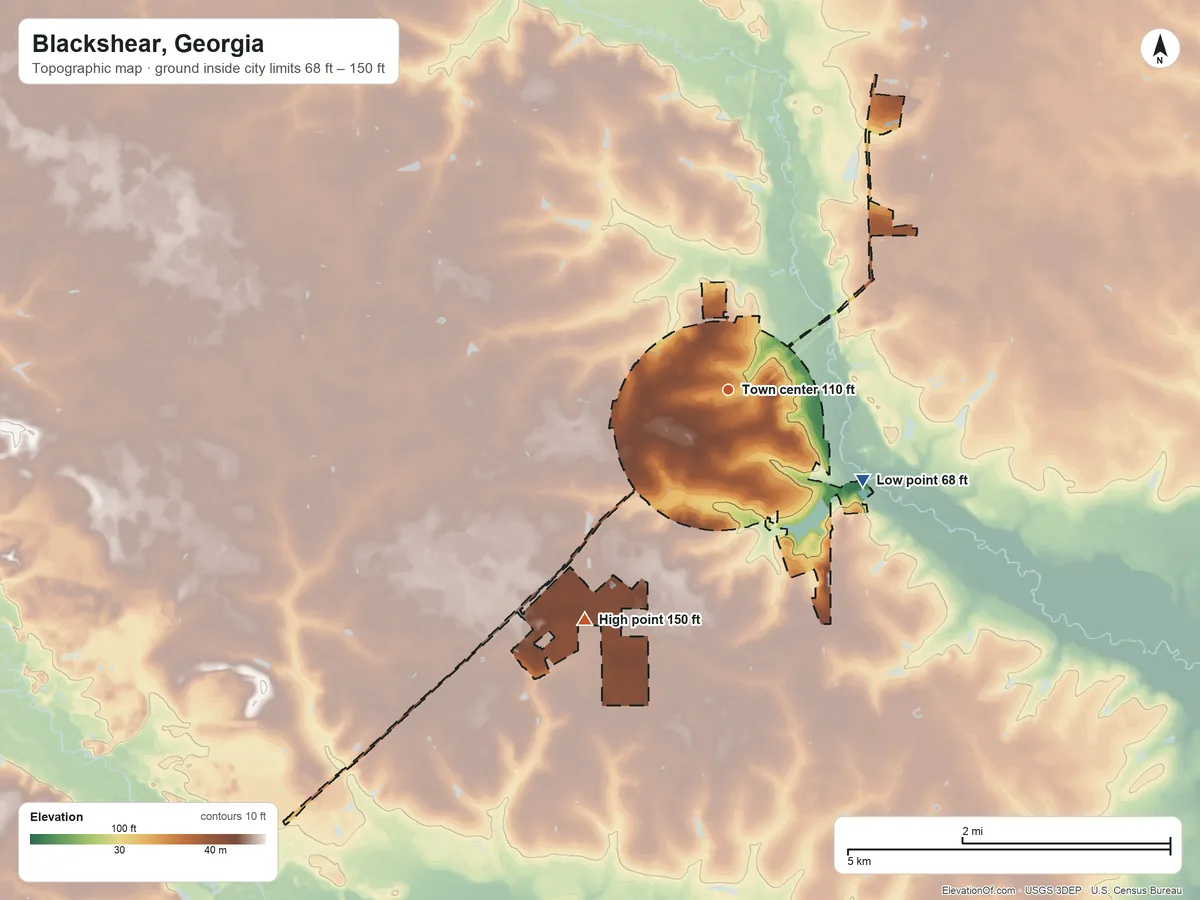 Topographic elevation map of Blackshear, Georgia, shaded from 68 ft on the southeast side to 150 ft on the southwest side